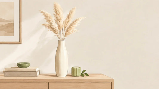 Vase élancé orné de quelques plumes crème dans un intérieur lumineux