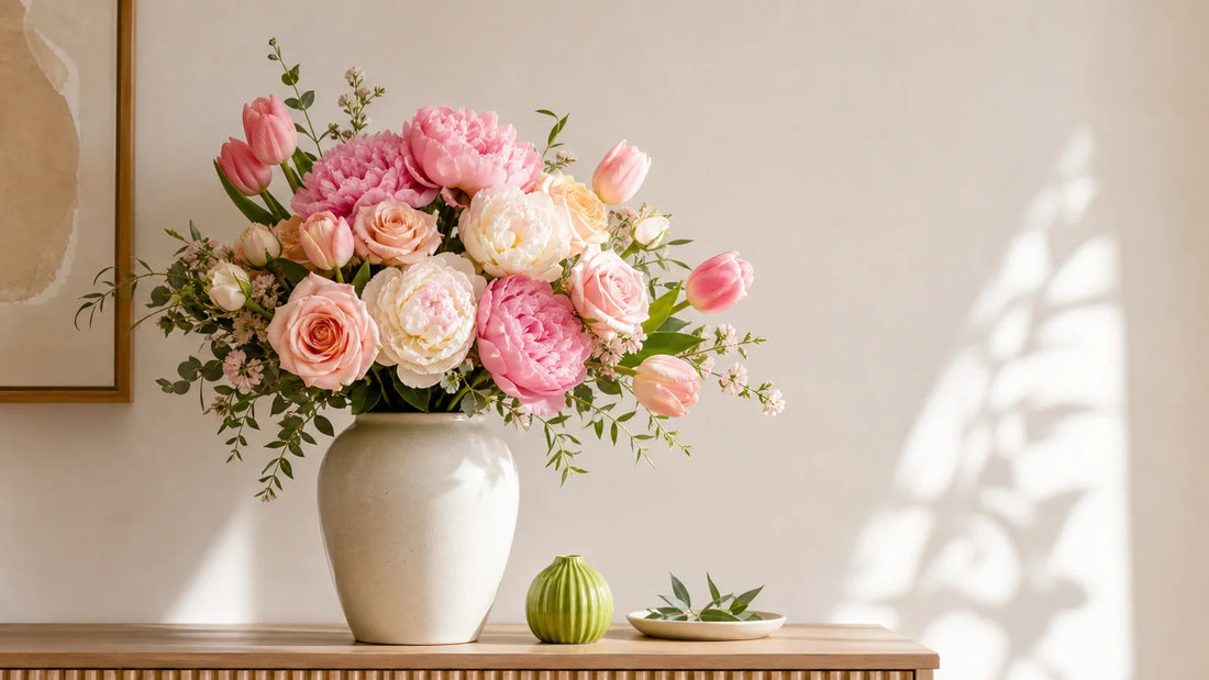 Bouquet artificiel dans un vase décoratif sur une console