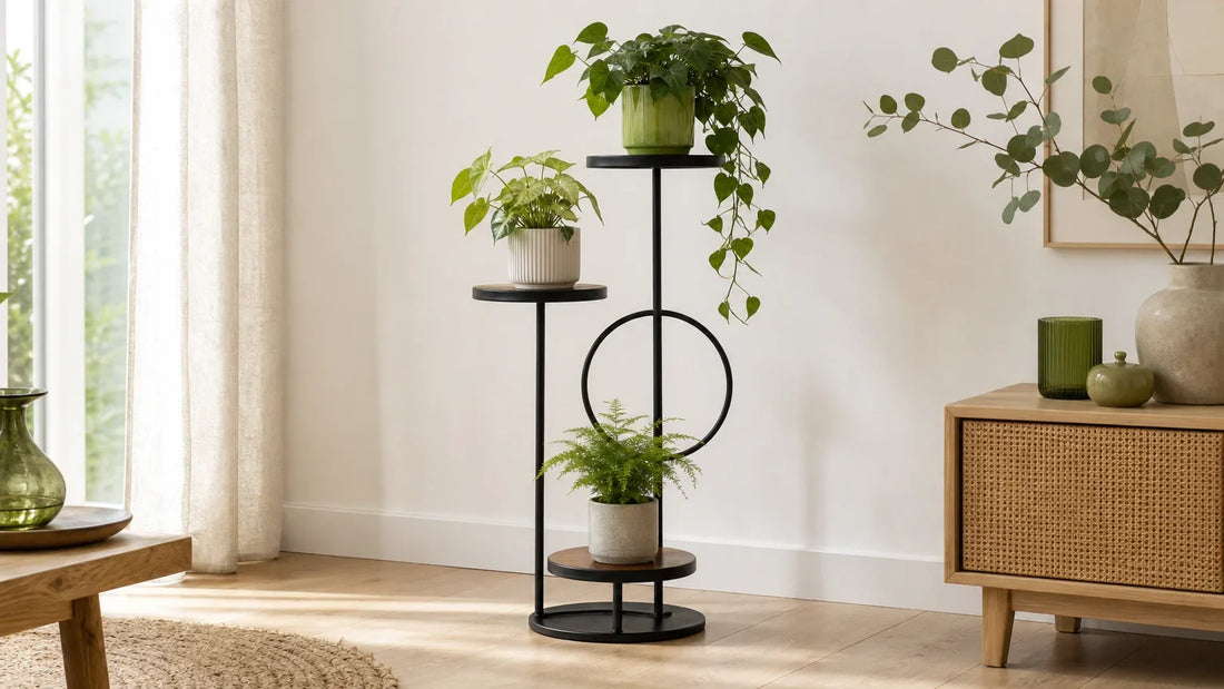 Un porte-plante à plusieurs niveaux met en valeur une plante dans un intérieur harmonieux.