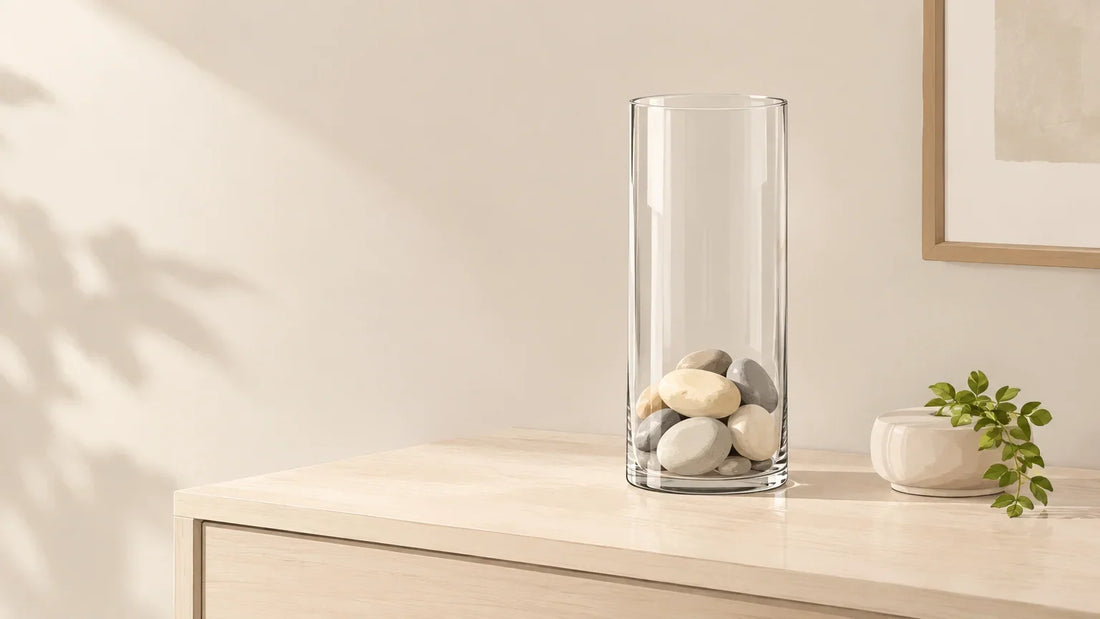 Vase transparent décoré de galets clairs dans un intérieur lumineux