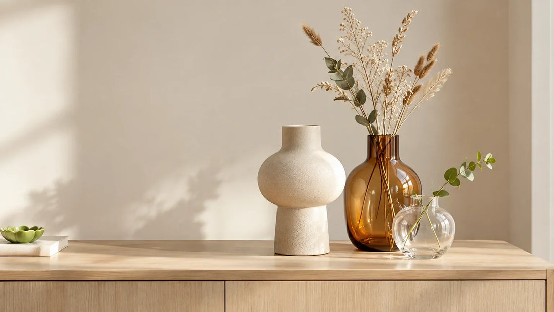 Une sélection de vases décoratifs en céramique, verre et résine dans un intérieur lumineux