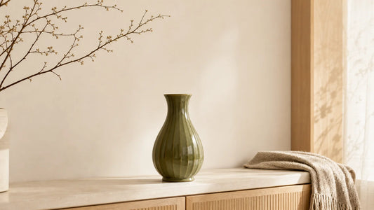 Vase en céramique vert posé sur une console dans un intérieur lumineux