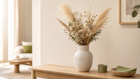 Vase décoratif en céramique avec fleurs séchées dans un intérieur lumineux