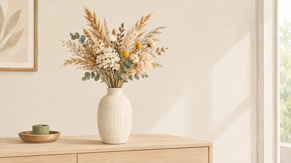 Bouquet de fleurs séchées dans un vase, posé dans un intérieur lumineux et apaisant