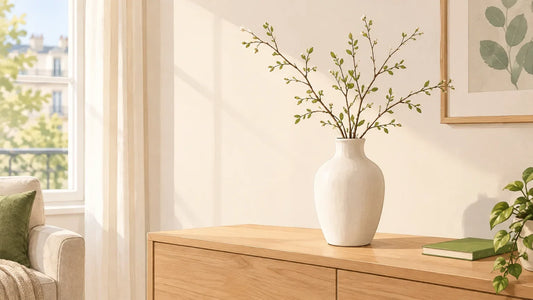 Vase blanc minimaliste posé sur une console de salon lumineuse
