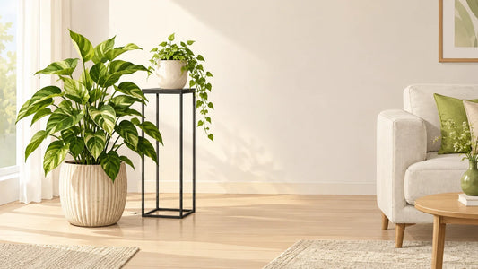 Un pot de fleurs et un support porte-plantes dans un intérieur lumineux