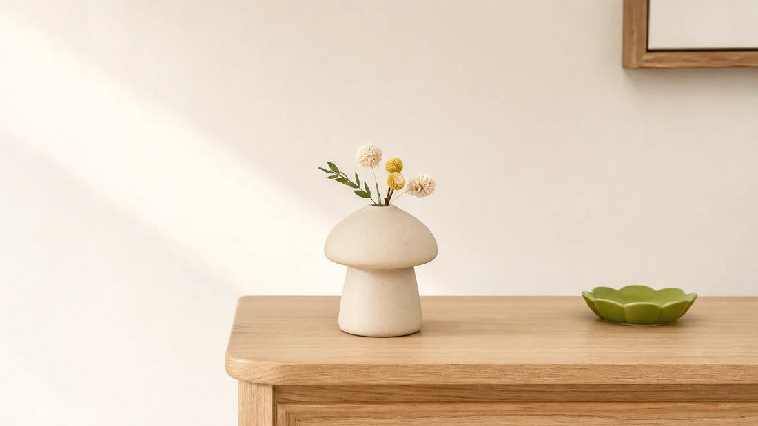 Petit vase champignon original posé sur une console