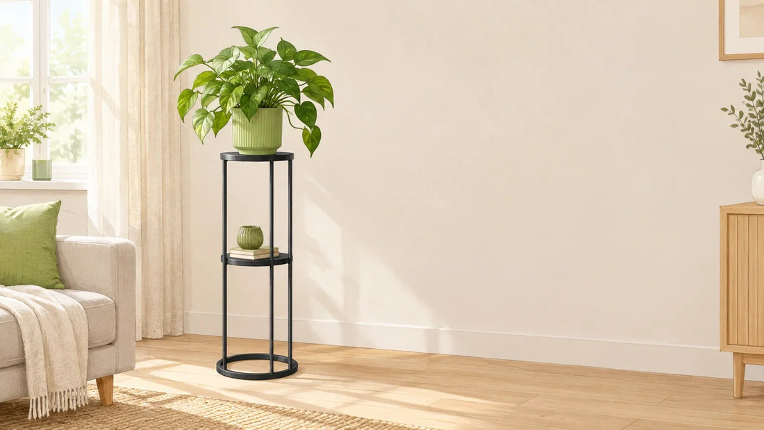 Porte-plante mettant en valeur une plante verte dans un salon lumineux