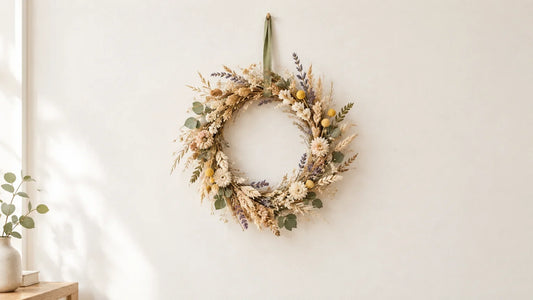 Couronne de fleurs séchées suspendue sur un mur clair