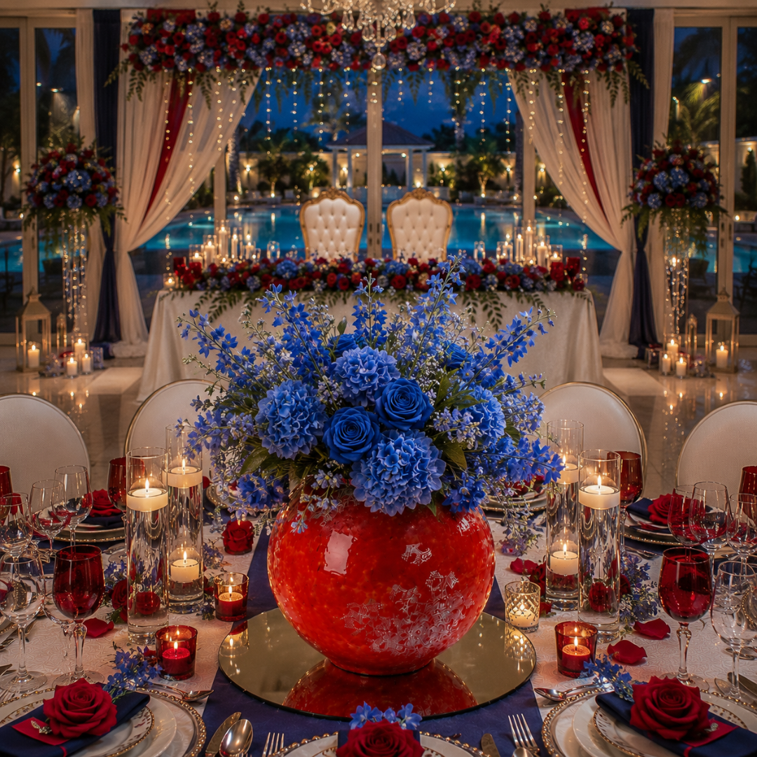 Centre de table rouge et blanc pour mariage