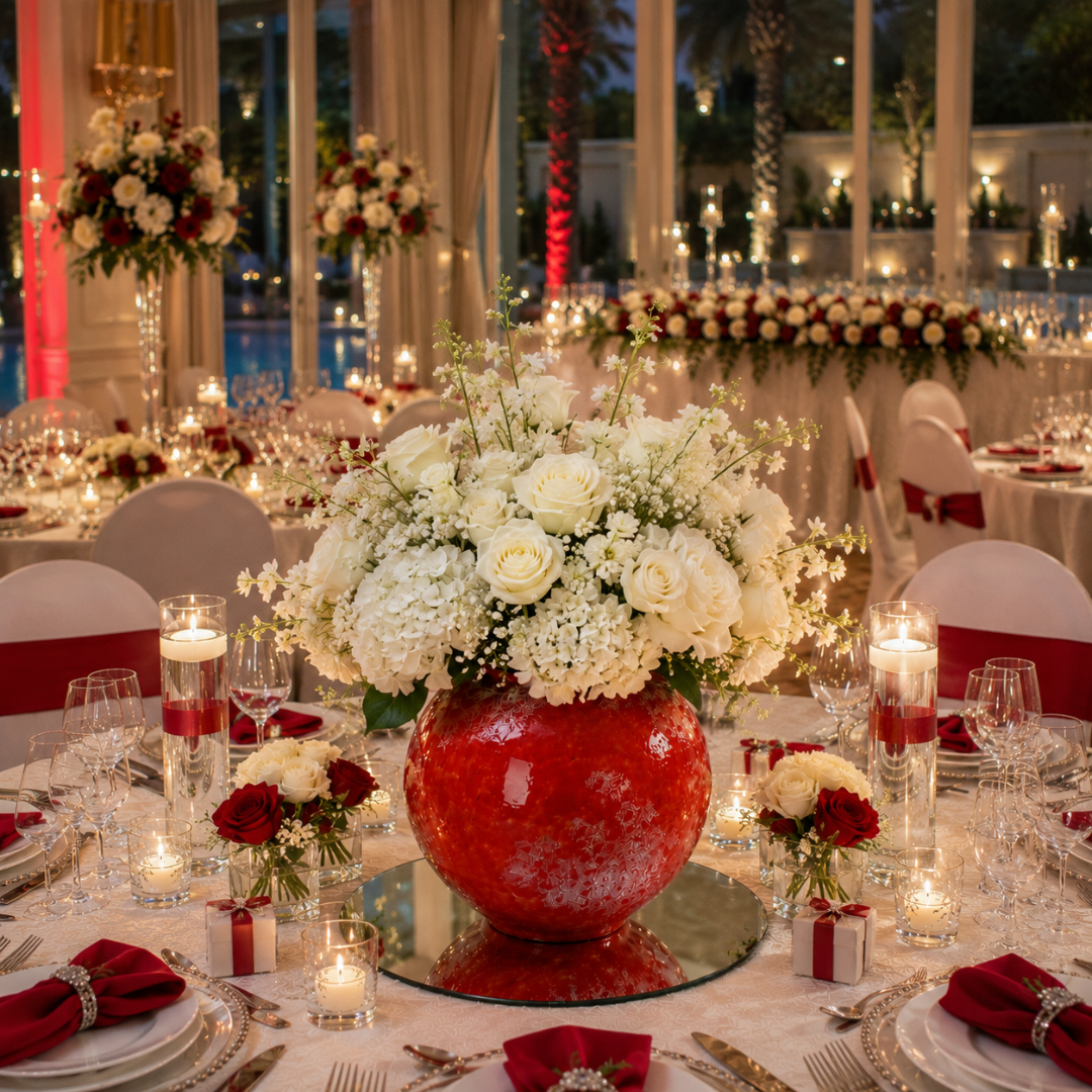 Centre de table rouge et blanc pour mariage