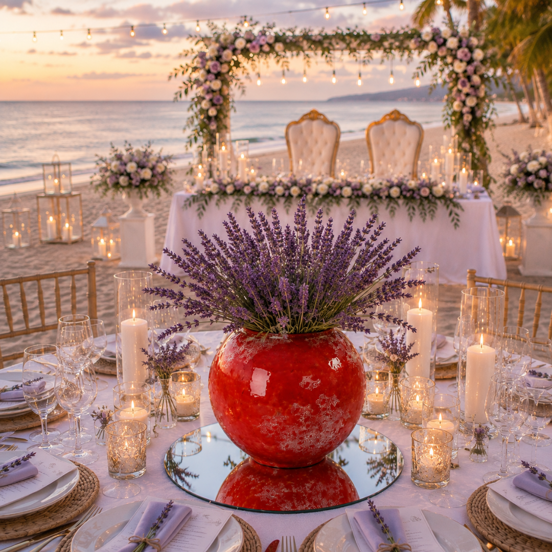 Centre de table rouge et blanc pour mariage