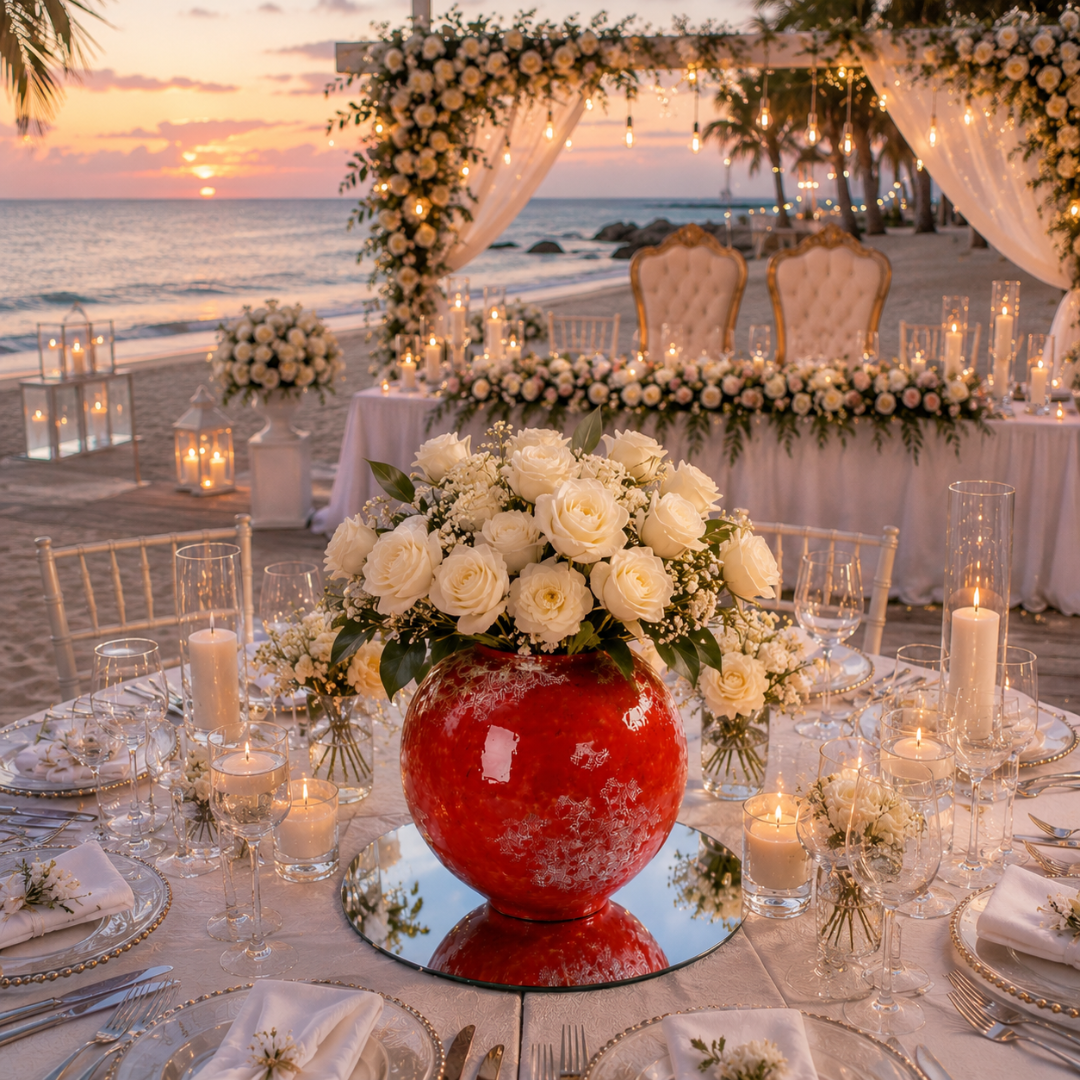 Centre de table rouge et blanc pour mariage