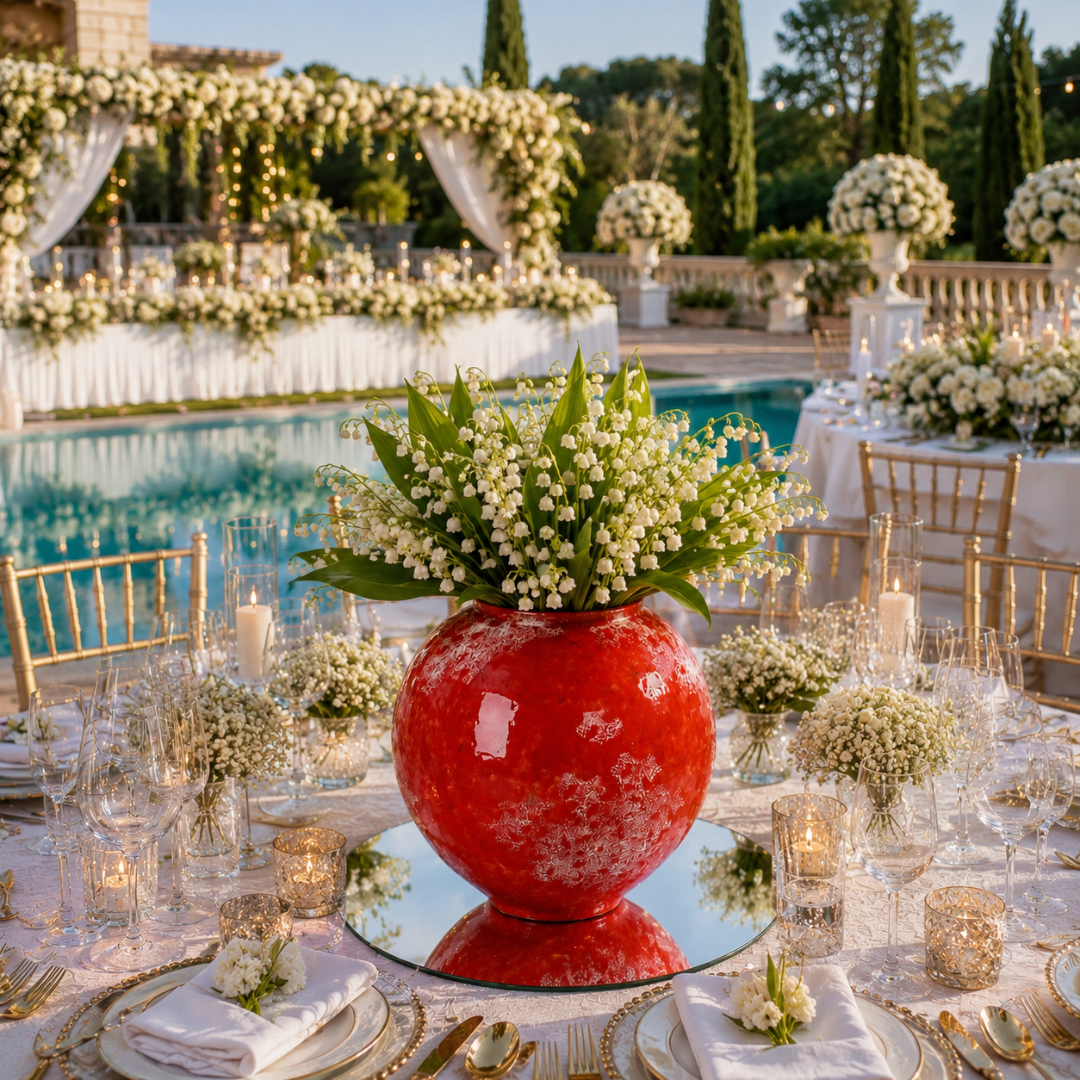 Centre de table rouge et blanc pour mariage