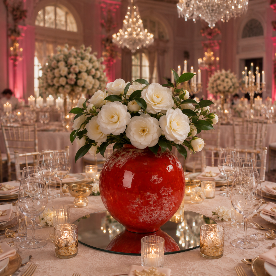 Centre de table rouge et blanc pour mariage