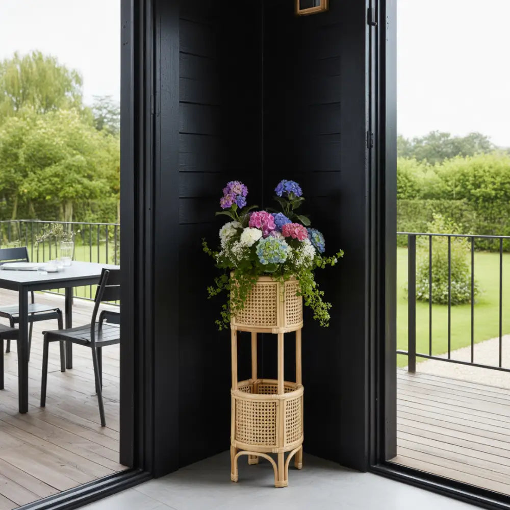 Porte plante rotin vintage - Rond deux étages