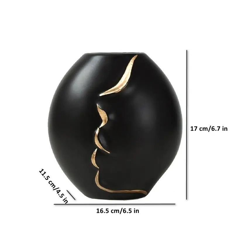 Vase avec dessin visage - Arrondi B / Noir