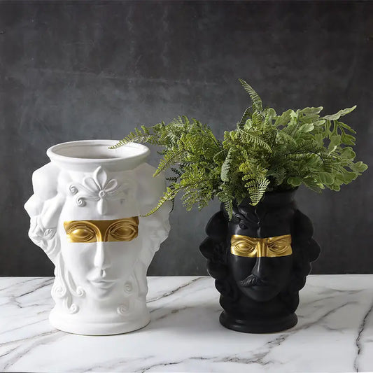 Vase Visage Céramique Moderne – Statue Tête Humaine Noire – Décoration Artistique Pour Salon, Chambre, Bureau