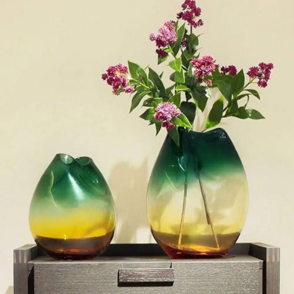 Vase En Verre Soufflé Ambré Et Bleu Sarcelle - Décoration Murano Style Pour Intérieur