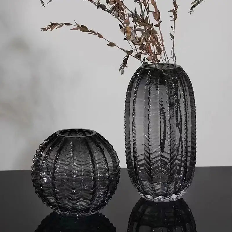 Vase En Verre Noir Et Gris Rayé H 21 Cm - Décoration Intérieure Moderne Pour Fleurs Et Centre De Table